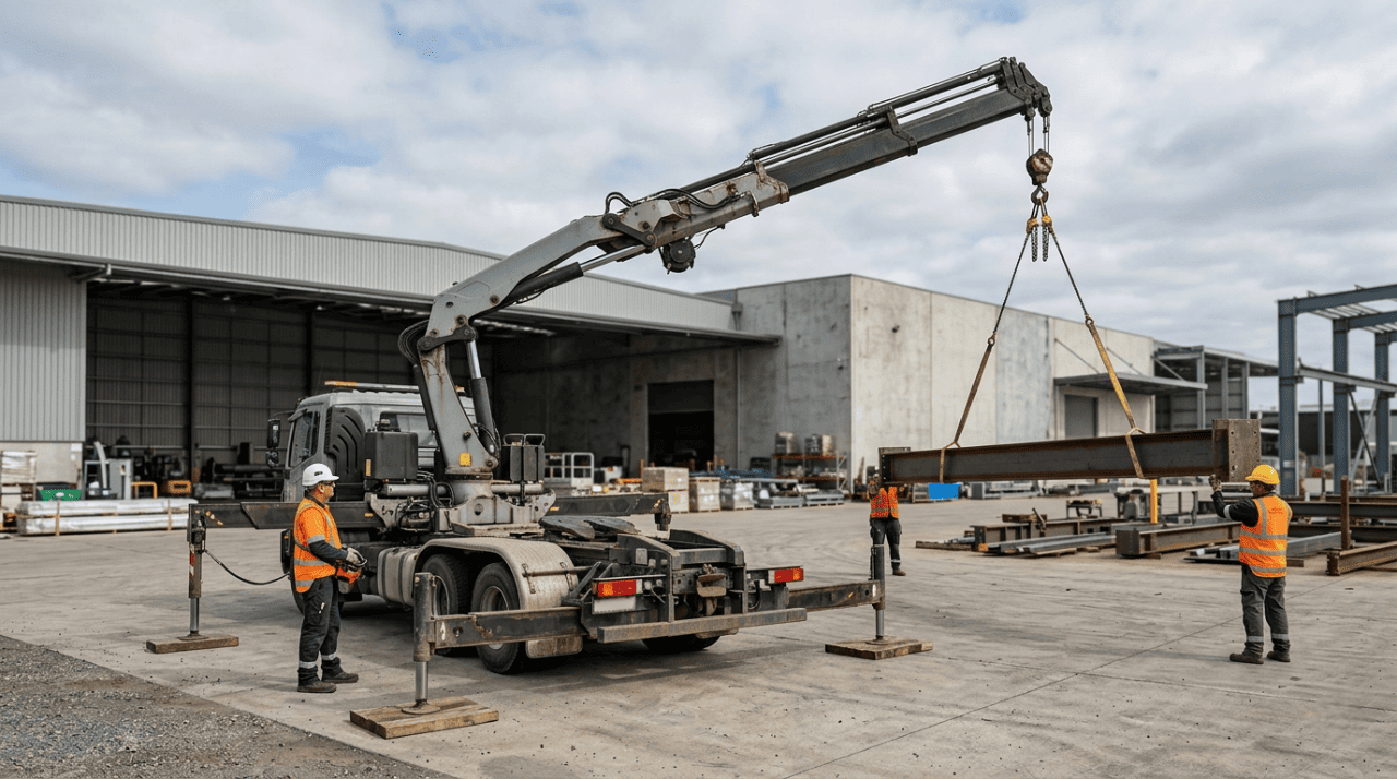 Grúa hidráulica sobre camión realizando una maniobra de elevación segura en un entorno industrial. tabla de cargas de grúas