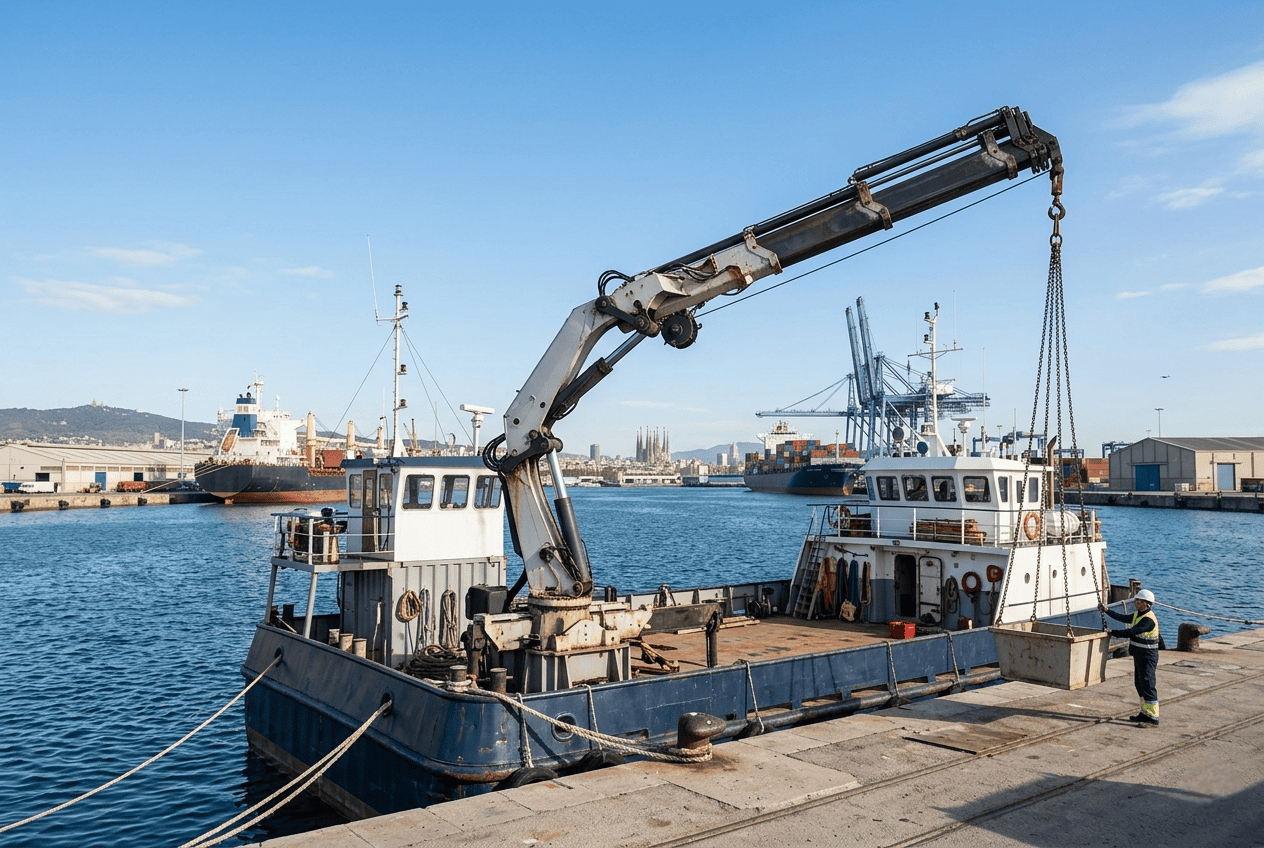 Grúa marina hidráulica operando en un entorno portuario de Barcelona